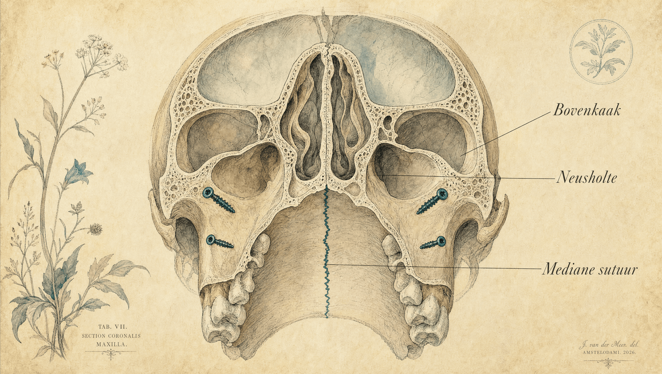 Anatomische doorsnede: bovenkaak, neusholte, mediane sutuur